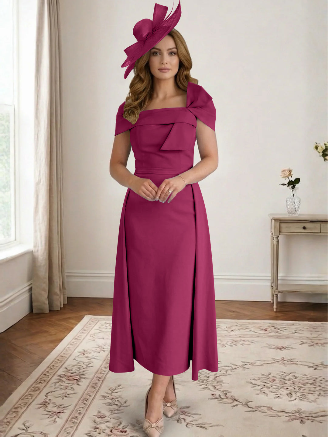 Robe de Mère de la Mariée, Ligne A/Princesse, Satin, Hors de l'Épaule, Longueur Midi, avec Nœud