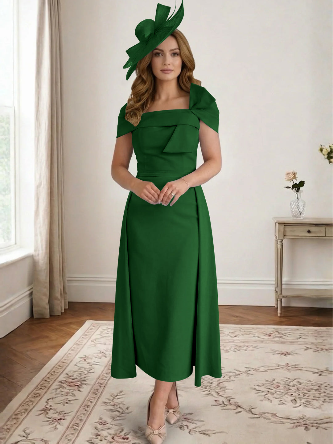 Robe de Mère de la Mariée, Ligne A/Princesse, Satin, Hors de l'Épaule, Longueur Midi, avec Nœud