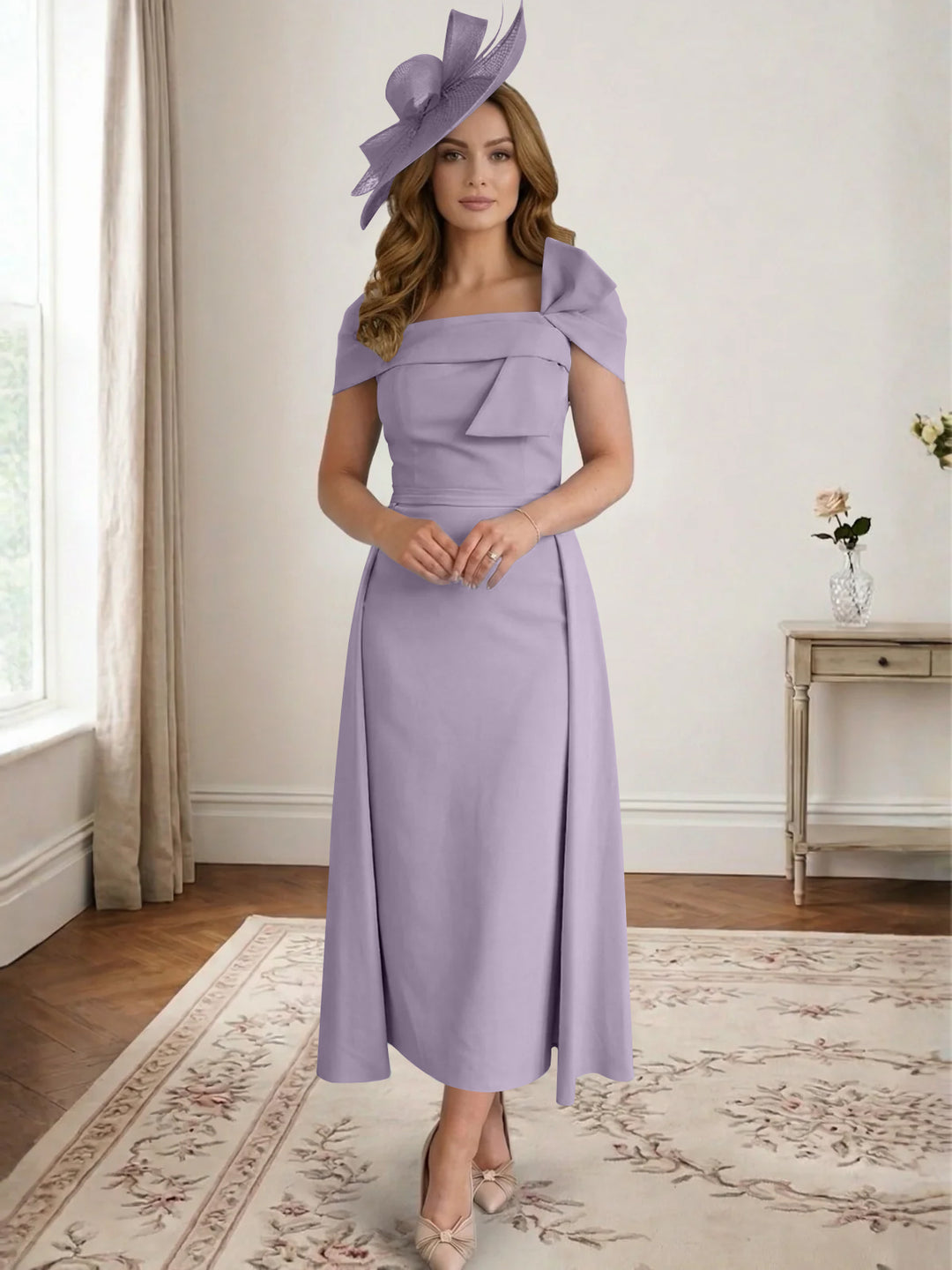 Robe de Mère de la Mariée, Ligne A/Princesse, Satin, Hors de l'Épaule, Longueur Midi, avec Nœud