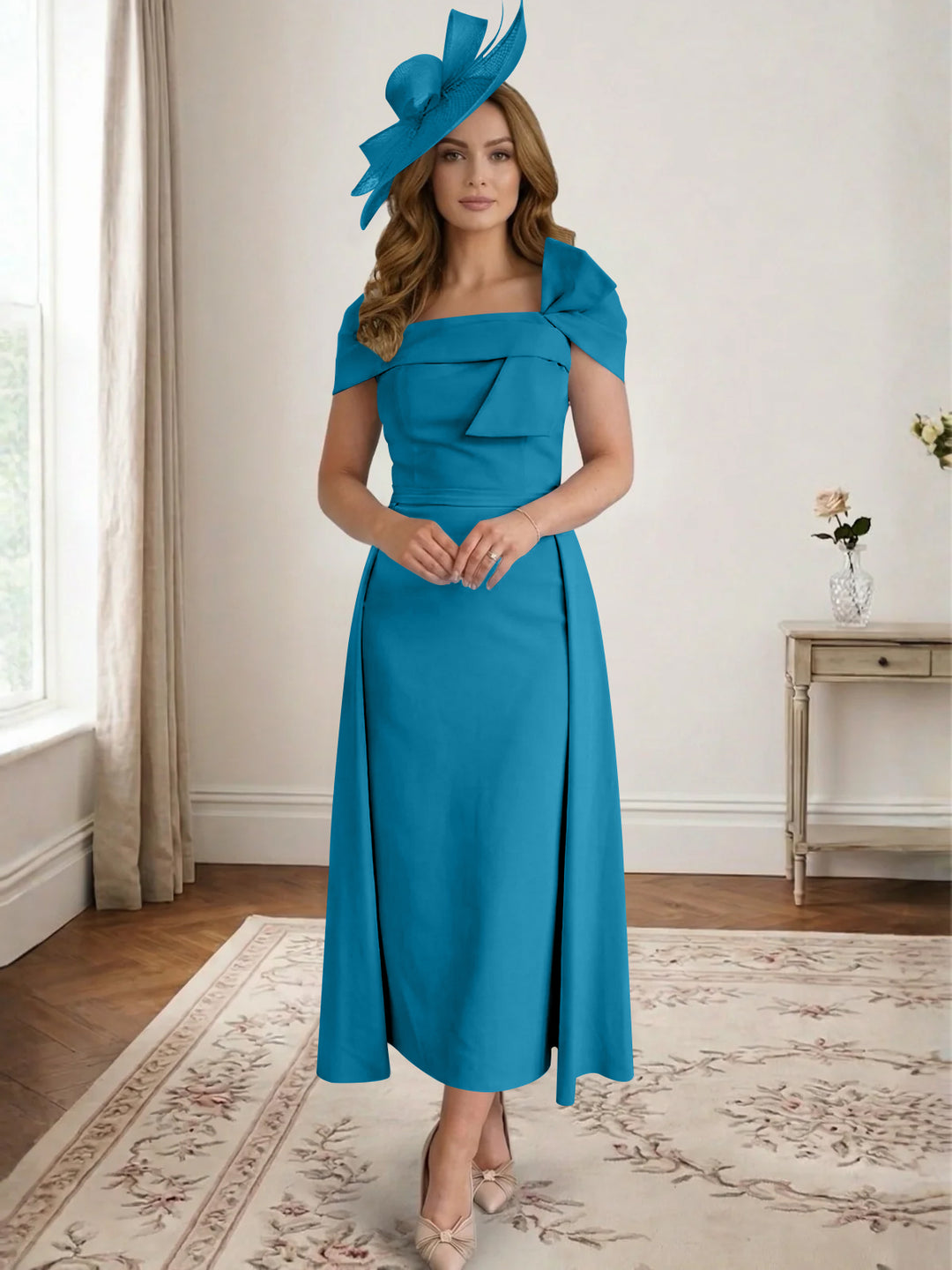 Robe de Mère de la Mariée, Ligne A/Princesse, Satin, Hors de l'Épaule, Longueur Midi, avec Nœud