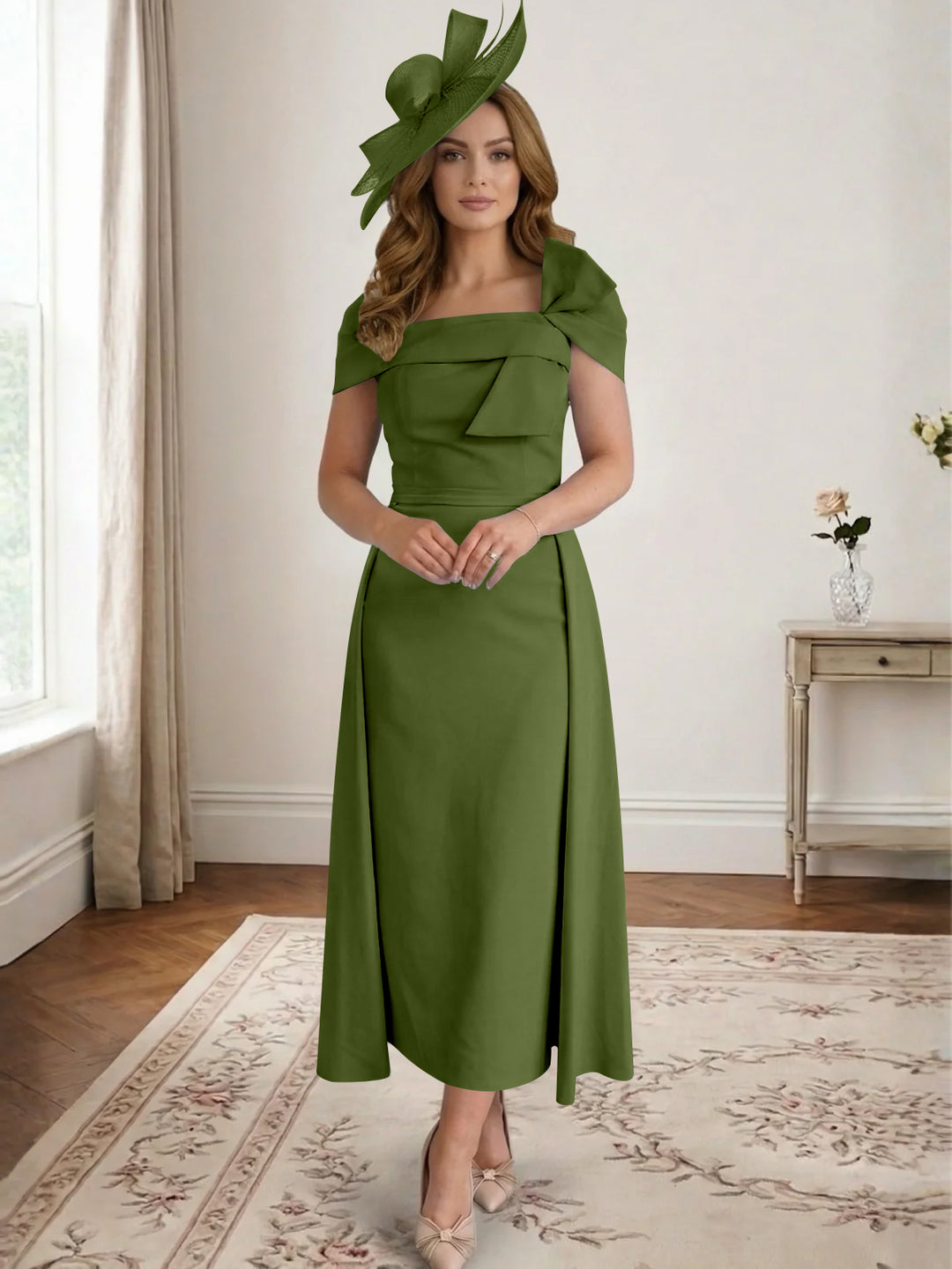 Robe de Mère de la Mariée, Ligne A/Princesse, Satin, Hors de l'Épaule, Longueur Midi, avec Nœud