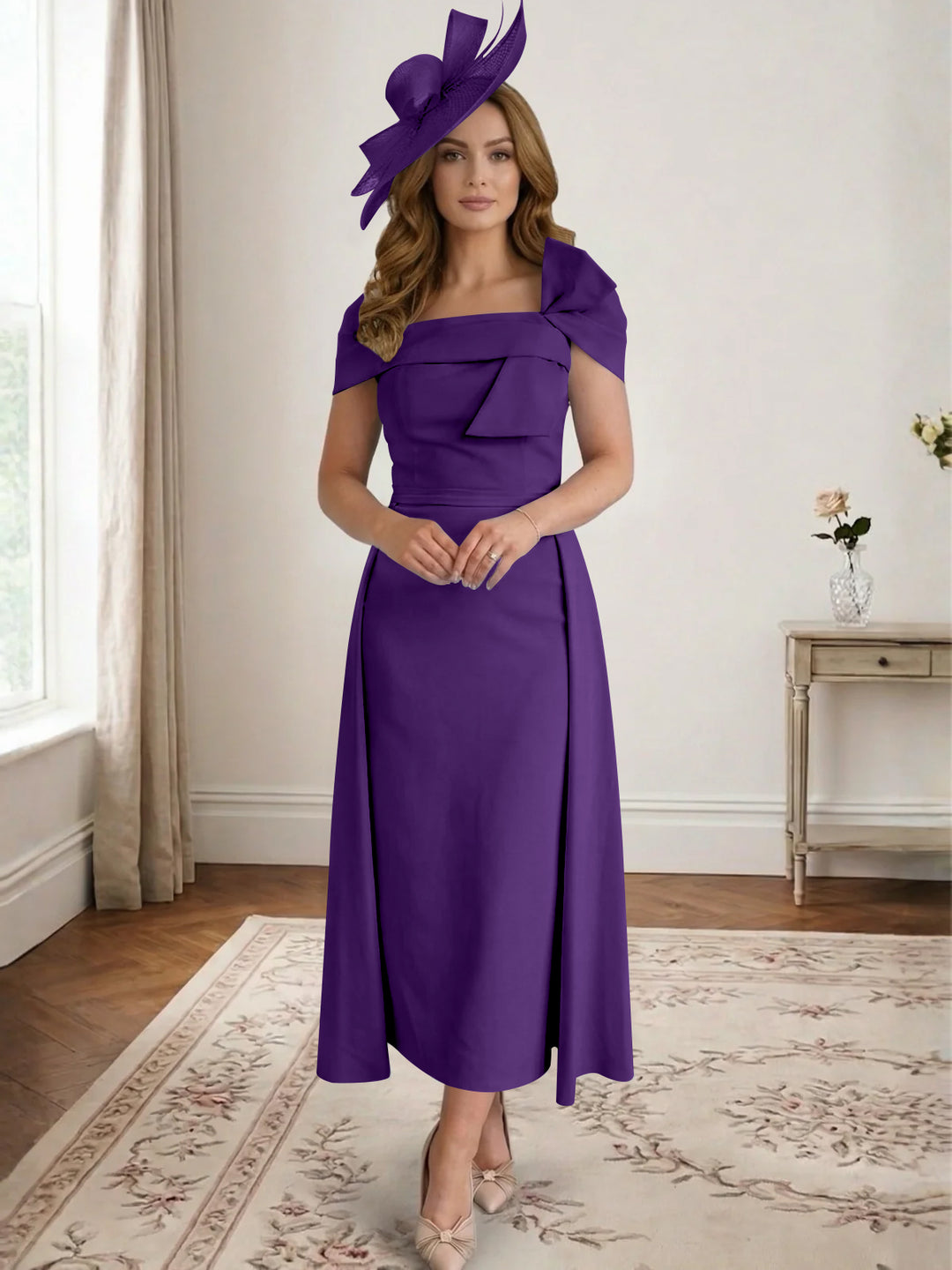 Robe de Mère de la Mariée, Ligne A/Princesse, Satin, Hors de l'Épaule, Longueur Midi, avec Nœud