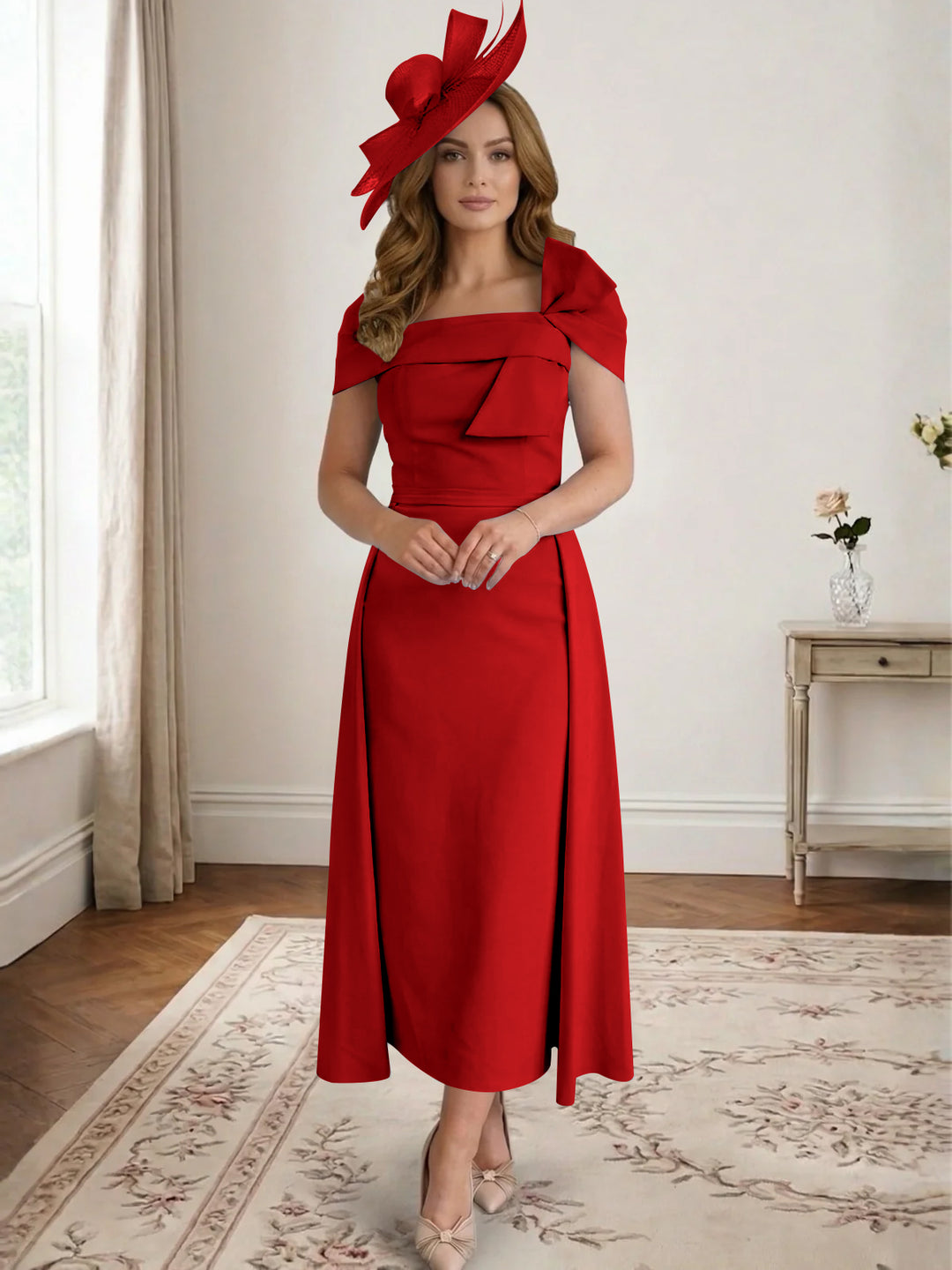 Robe de Mère de la Mariée, Ligne A/Princesse, Satin, Hors de l'Épaule, Longueur Midi, avec Nœud