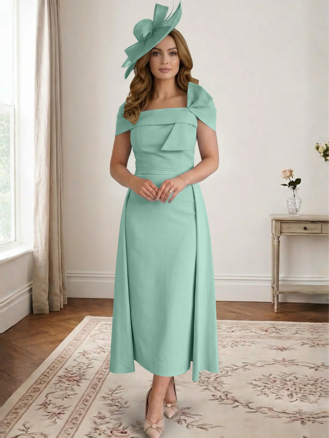 Robe de Mère de la Mariée, Ligne A/Princesse, Satin, Hors de l'Épaule, Longueur Midi, avec Nœud