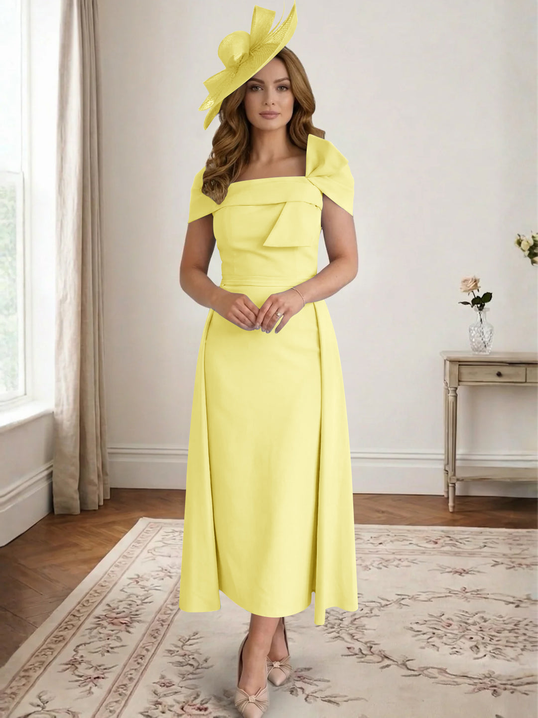 Robe de Mère de la Mariée, Ligne A/Princesse, Satin, Hors de l'Épaule, Longueur Midi, avec Nœud