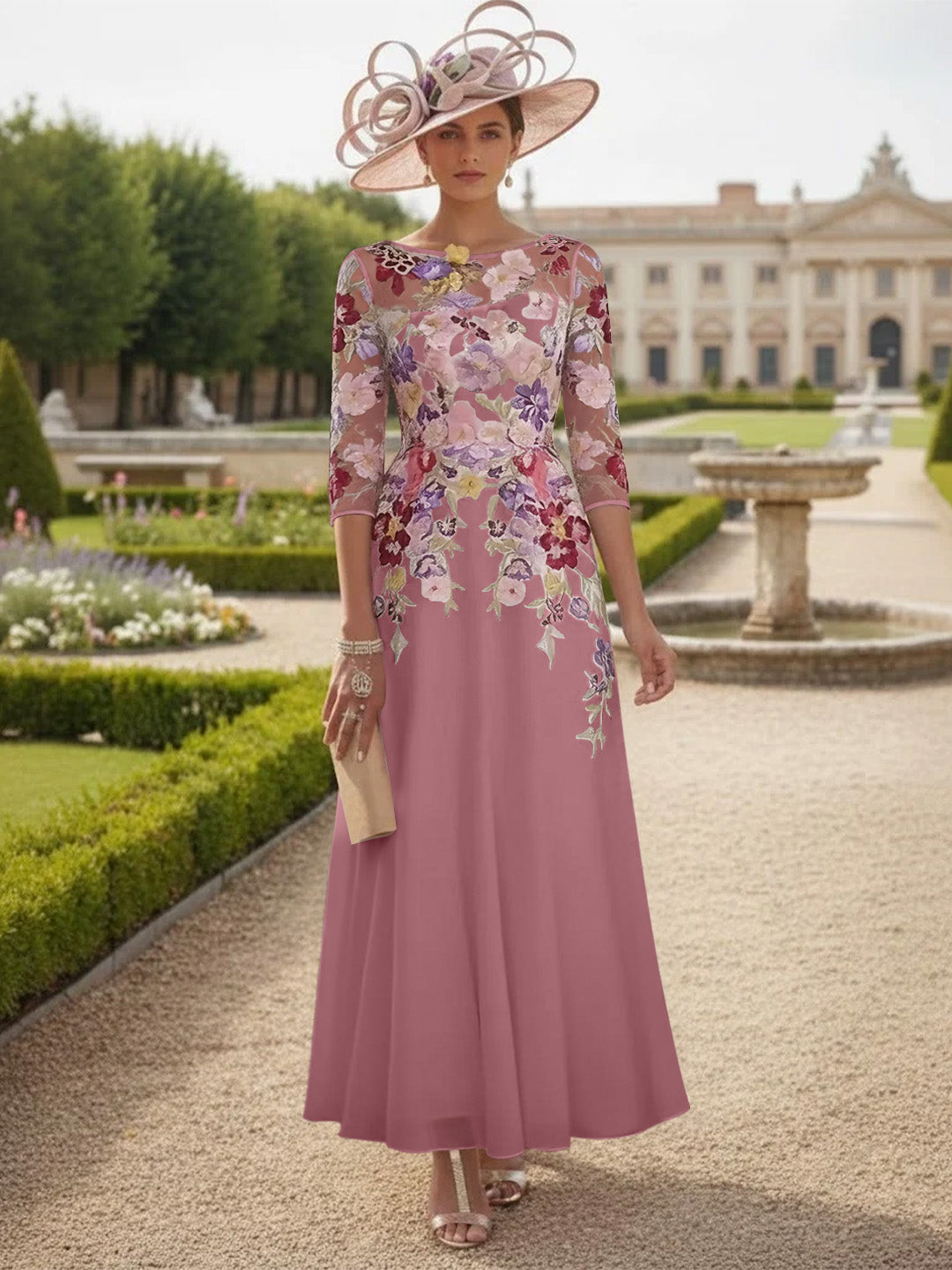 Robe Mère de la Mariée Mousseline Ligne A, Col Rond, Manches Mi-Longues, Longueur Cheville, Dentelle et Motifs Floraux