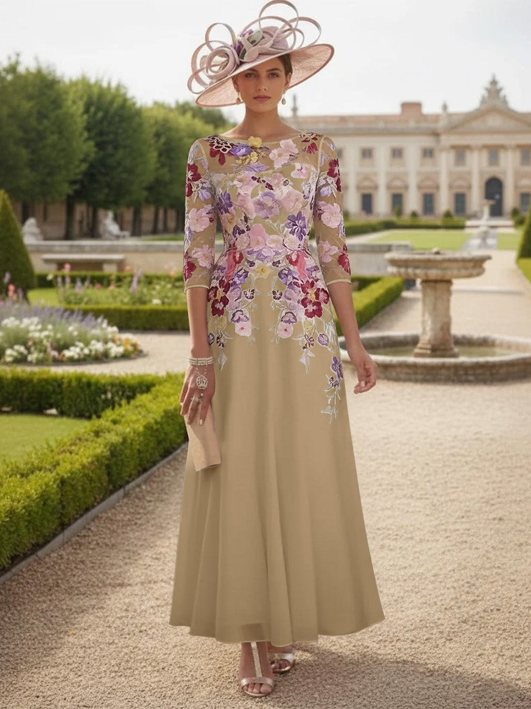 Robe Mère de la Mariée Mousseline Ligne A, Col Rond, Manches Mi-Longues, Longueur Cheville, Dentelle et Motifs Floraux