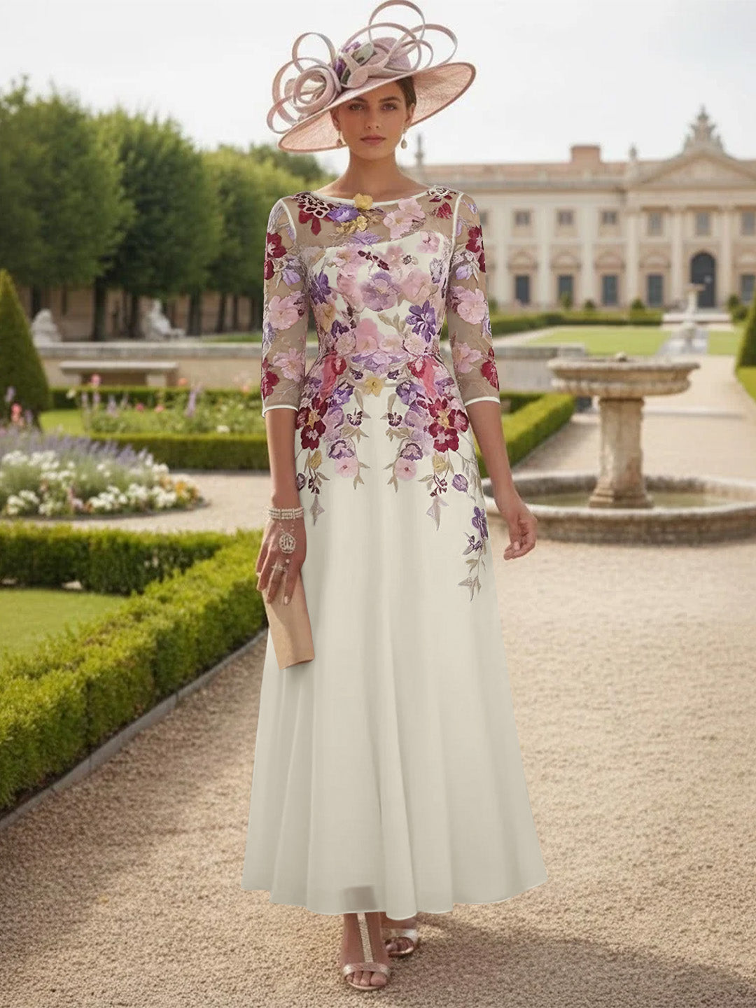 Robe mère de la mariée mousseline ligne A, col rond, manches mi-longues, longueur cheville, dentelle et motifs floraux