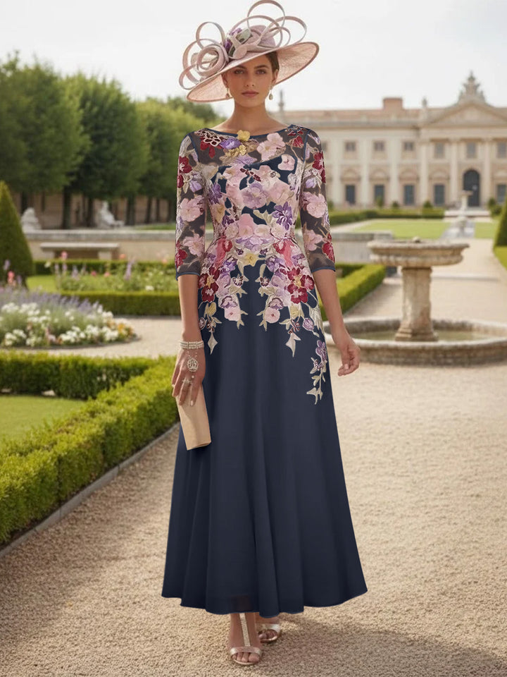 Robe Mère de la Mariée Mousseline Ligne A, Col Rond, Manches Mi-Longues, Longueur Cheville, Dentelle et Motifs Floraux