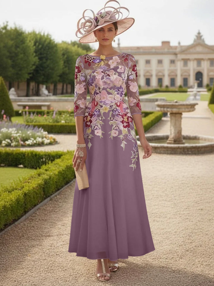 Robe Mère de la Mariée Mousseline Ligne A, Col Rond, Manches Mi-Longues, Longueur Cheville, Dentelle et Motifs Floraux