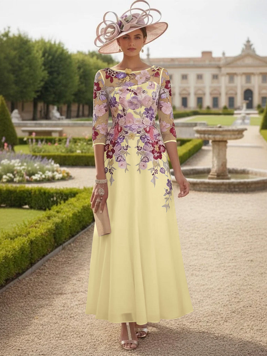 Robe mère de la mariée mousseline ligne A, col rond, manches mi-longues, longueur cheville, dentelle et motifs floraux