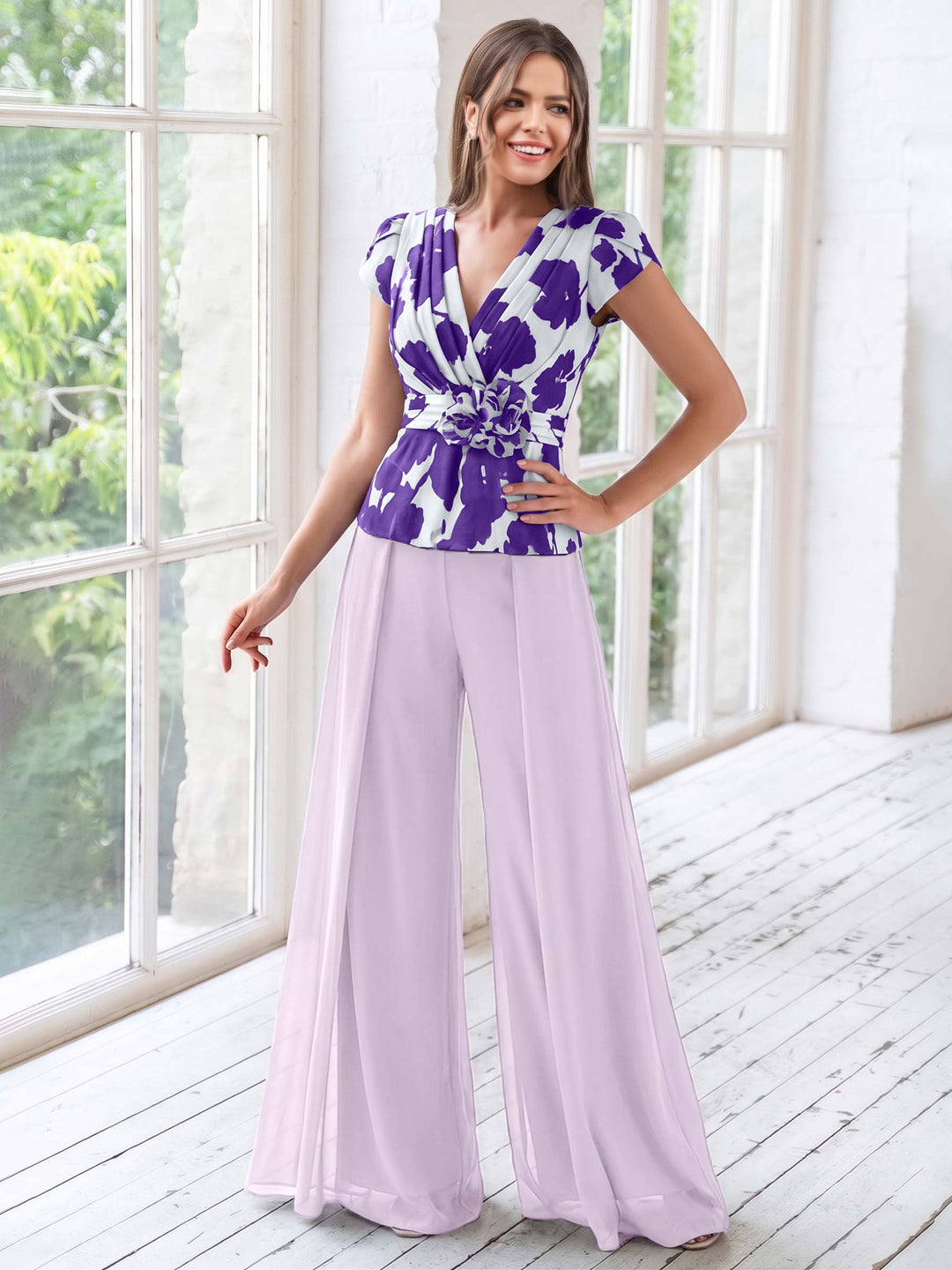 Ensemble Pantalon de Mère de la Mariée à Fleurs, Coupe A-Line/Princesse, Col en V, Manches Courtes, Longueur Au Sol, Motif Floral