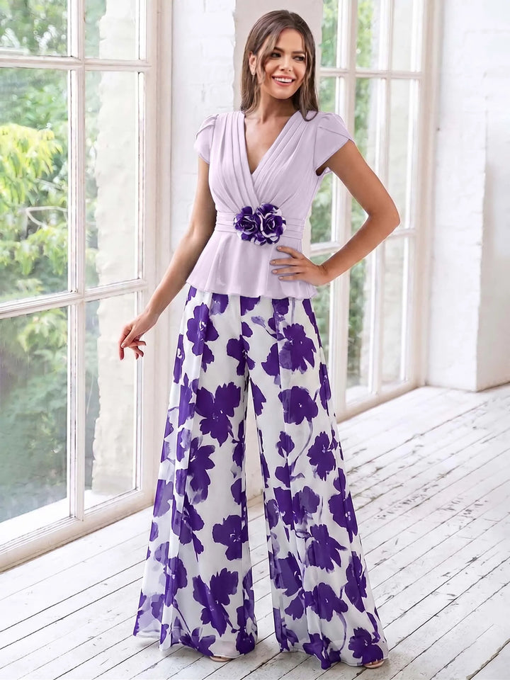 Ensemble Pantalon de Mère de la Mariée à Fleurs, Coupe A-Line/Princesse, Col en V, Manches Courtes, Longueur Au Sol, Motif Floral