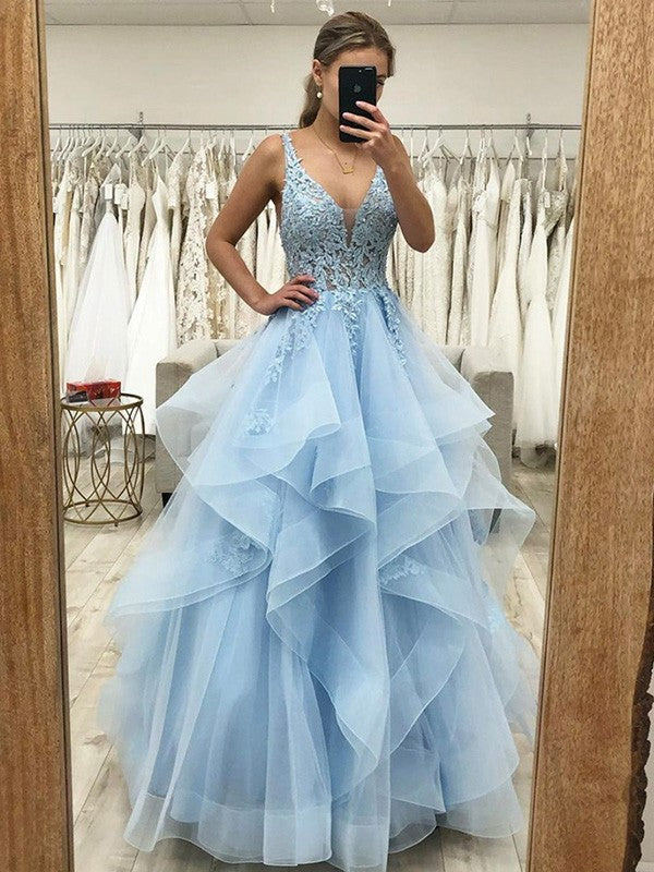 Princess Tulle V-neck Floor-Length Long Prom Dresses