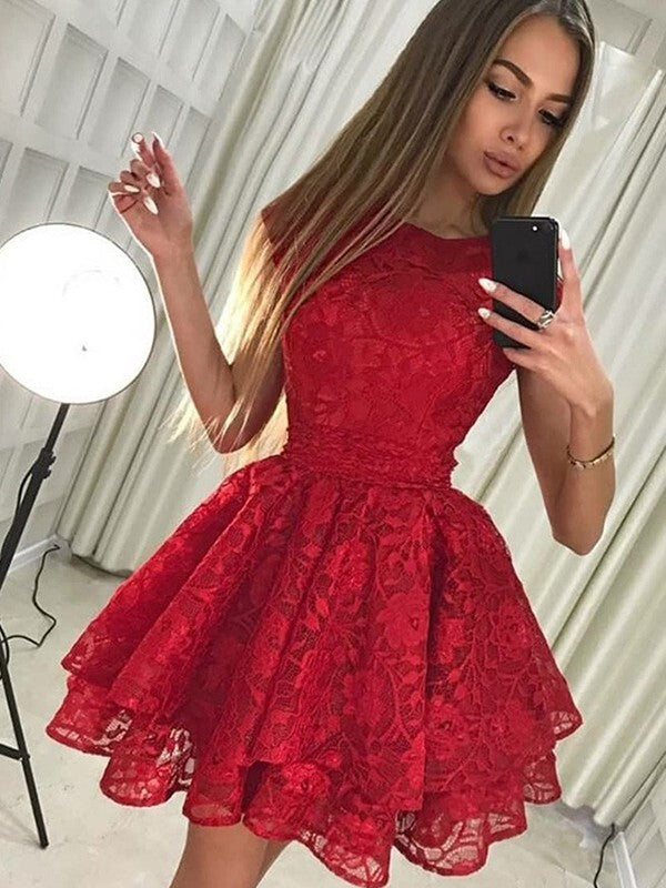 A-Line Lace Scoop Sleeveless Homecoming Dresses