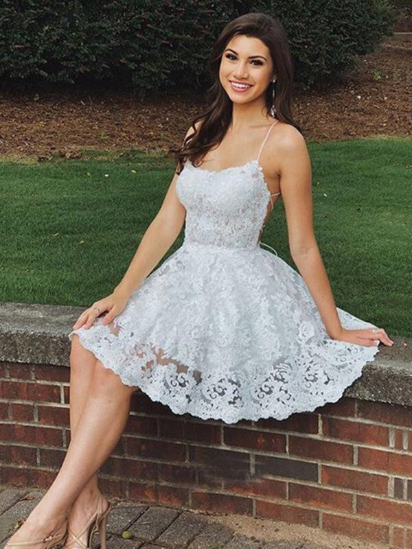 A-Line Lace Applique Spaghetti Straps Sleeveless Homecoming Dresses