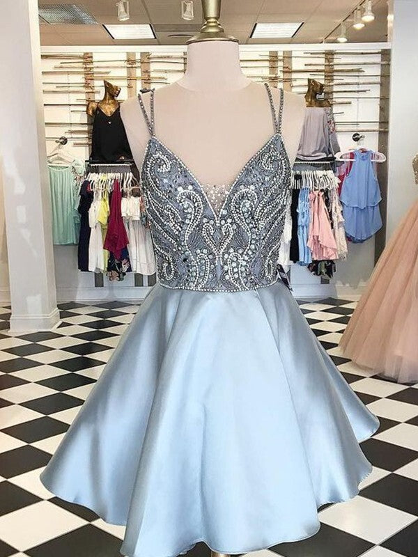 A-Line Beading V-Neck Sleeveless Satin Homecoming Dresses