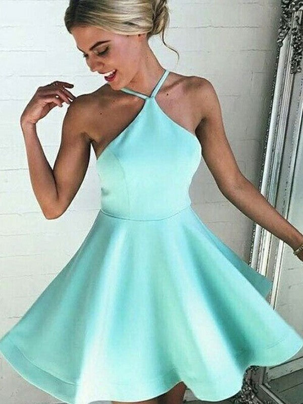 A-Line Halter Sleeveless Satin Homecoming Dresses