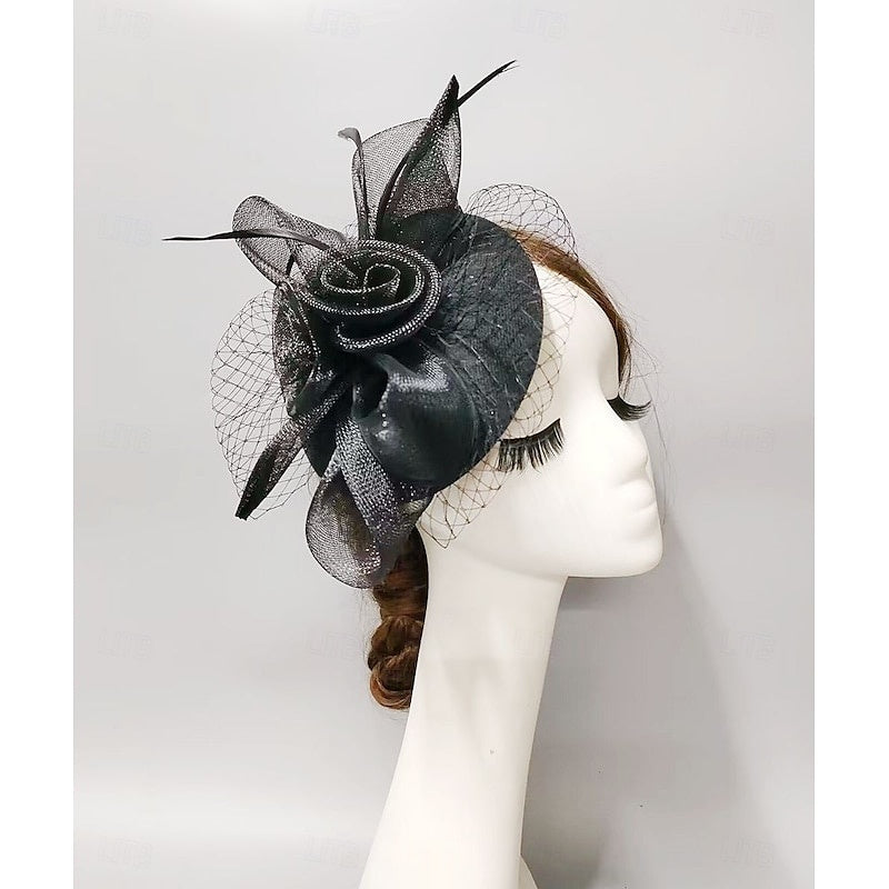 Élégant chapeau à plateau en tulle, coiffe fascinator avec fleur, nœud et nœud papillon