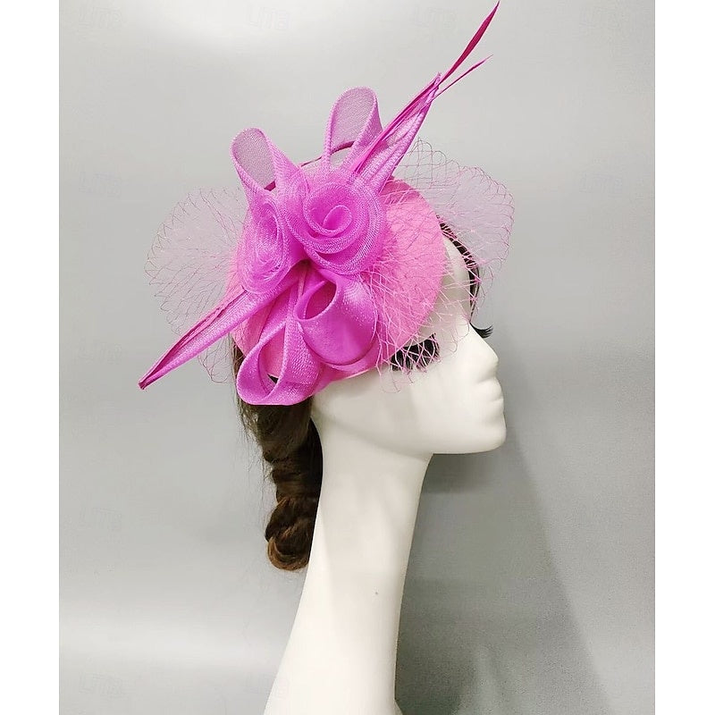 Élégant chapeau à plateau en tulle, coiffe fascinator avec fleur, nœud et nœud papillon