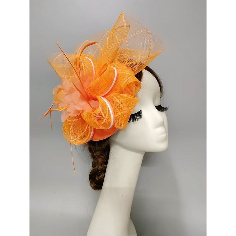 Fascinator élégant voilette type soucoupe, fleur, plume et tulle