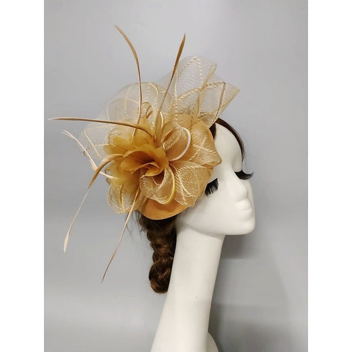 Fascinator élégant voilette type soucoupe, fleur, plume et tulle
