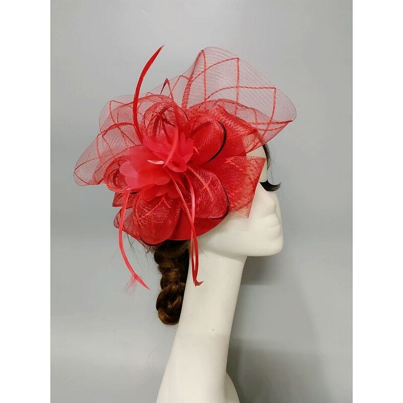 Fascinator élégant voilette type soucoupe, fleur, plume et tulle