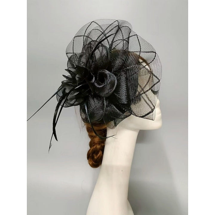 Fascinator élégant voilette type soucoupe, fleur, plume et tulle