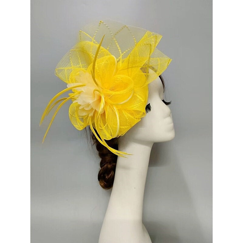 Fascinator élégant voilette type soucoupe, fleur, plume et tulle