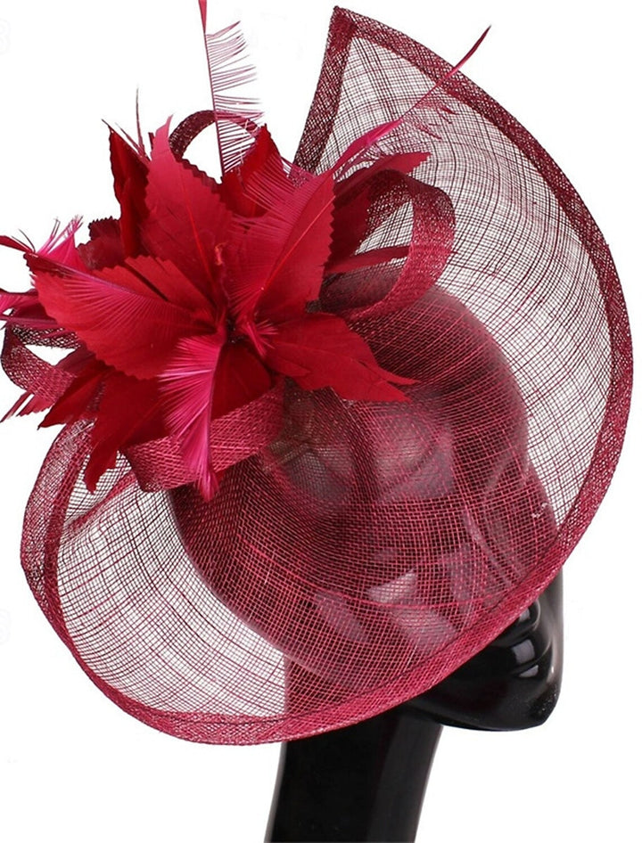 Fedora aspect lin, élégante coiffe de fête à fleurs et plumes
