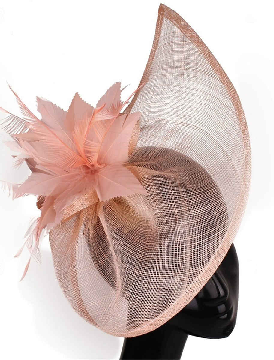 Fedora aspect lin, élégante coiffe de fête à fleurs et plumes