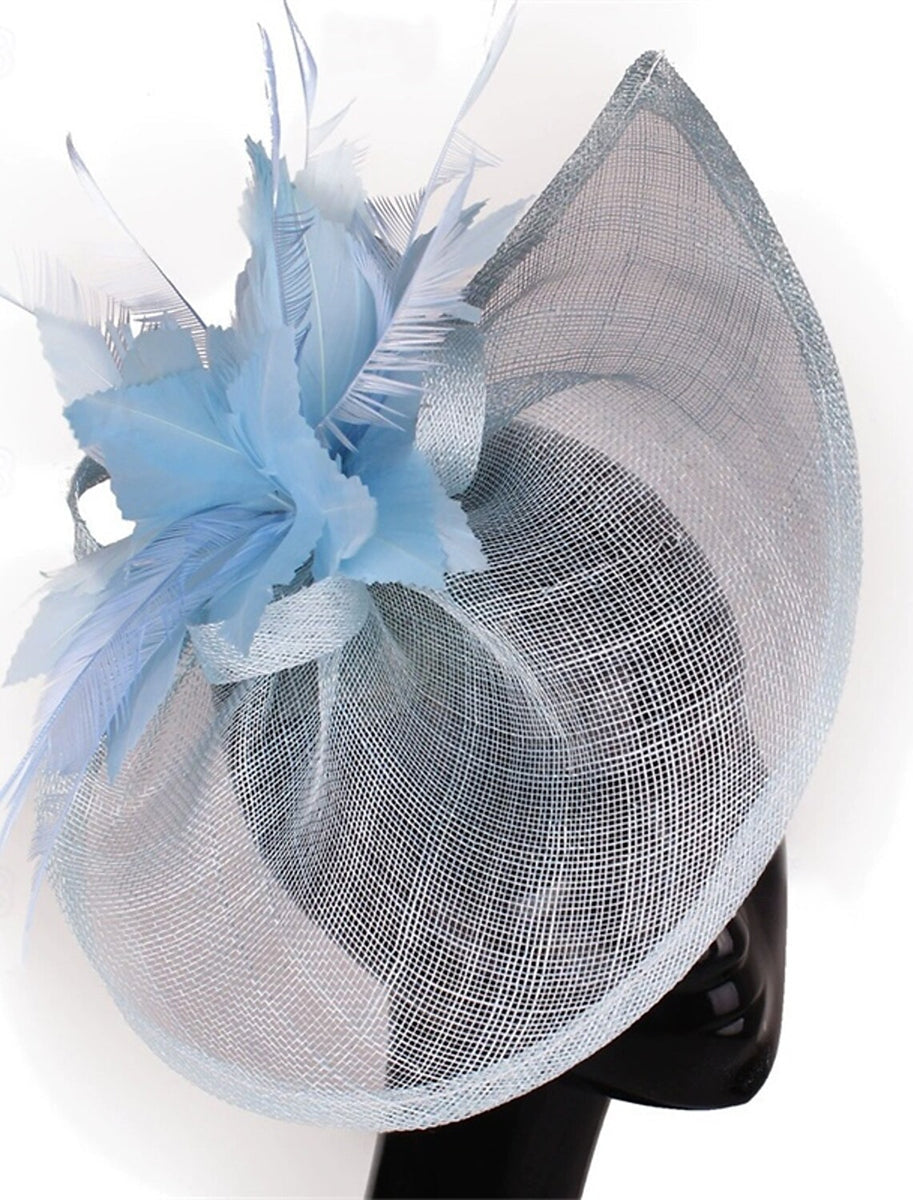 Fedora aspect lin, élégante coiffe de fête à fleurs et plumes