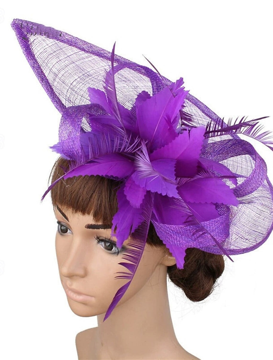 Fedora aspect lin, élégante coiffe de fête à fleurs et plumes