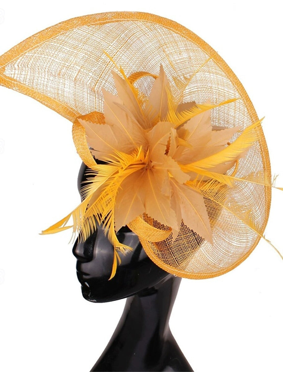 Fedora aspect lin, élégante coiffe de fête à fleurs et plumes