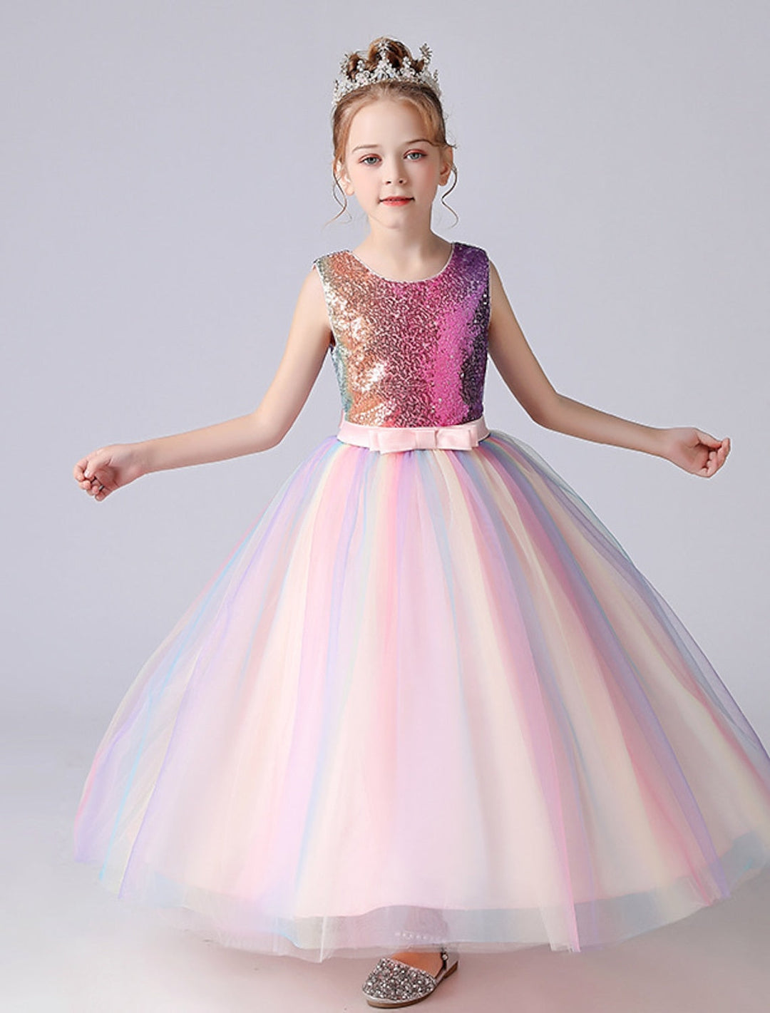 Forme Princesse Arc-en-ciel Licorne Robes de demoiselle d'honneur pour filles avec Paillettes et Ceinture