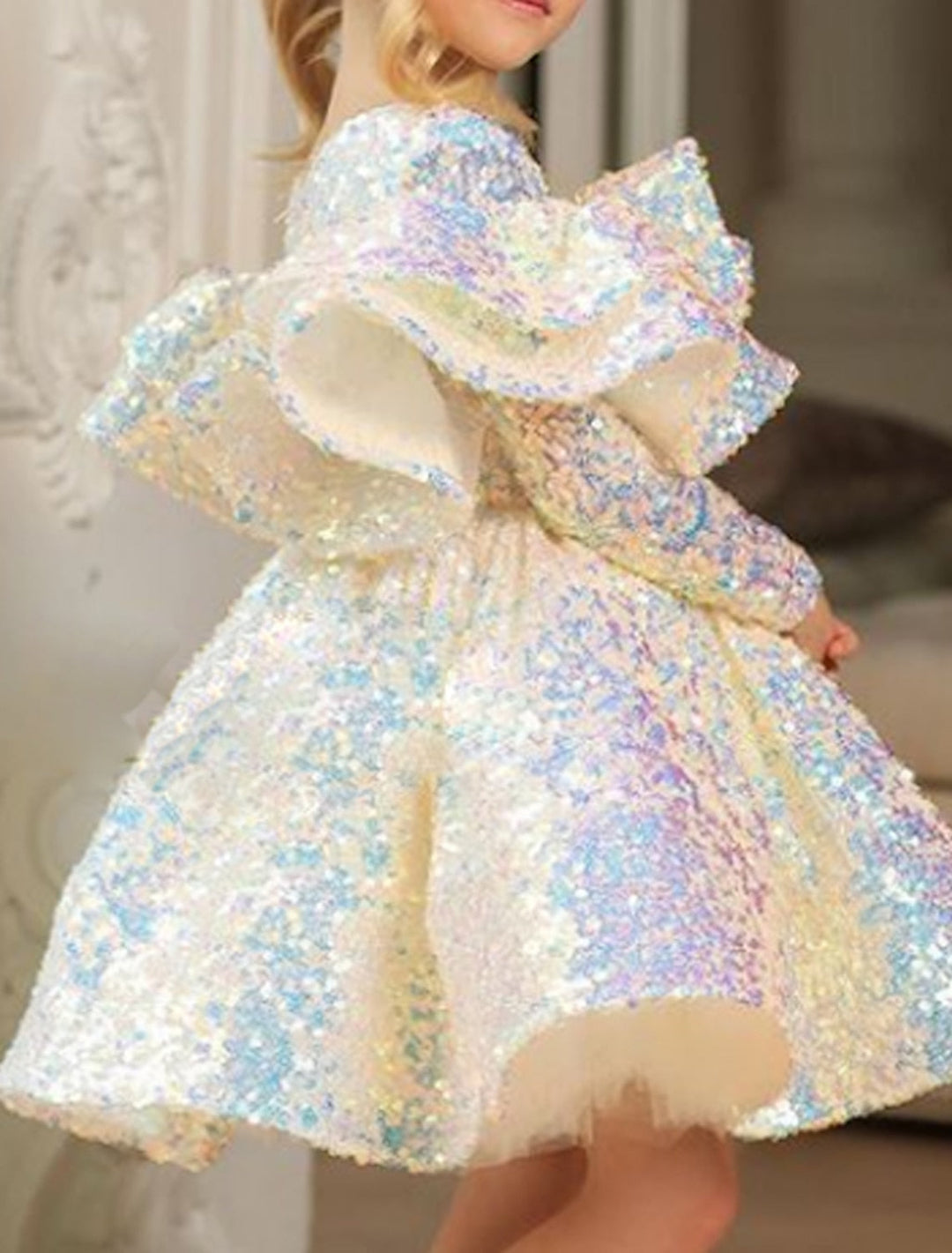 Robe de bal princesse manches longues paillettes petites robes de fille avec volants