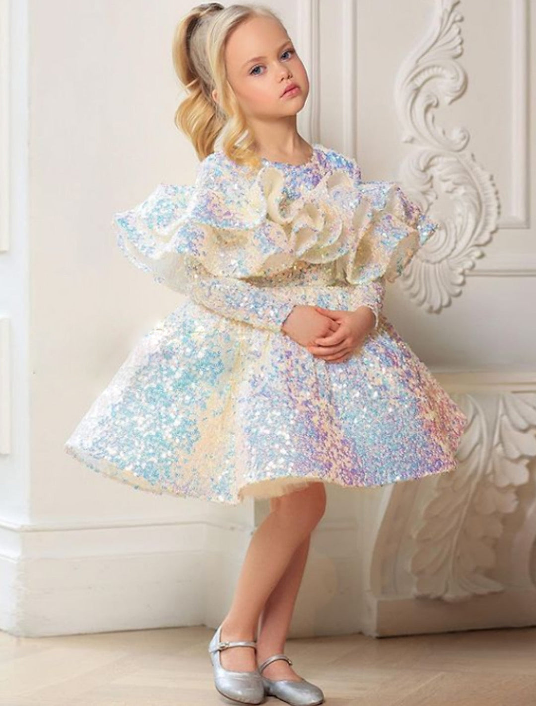 Robe de bal princesse manches longues paillettes petites robes de fille avec volants