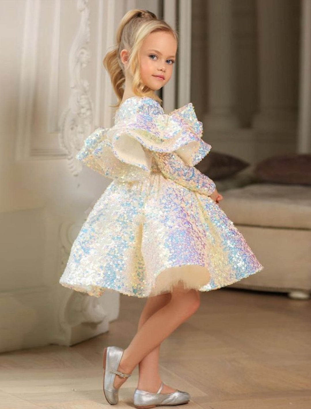 Robe de bal princesse manches longues paillettes petites robes de fille avec volants