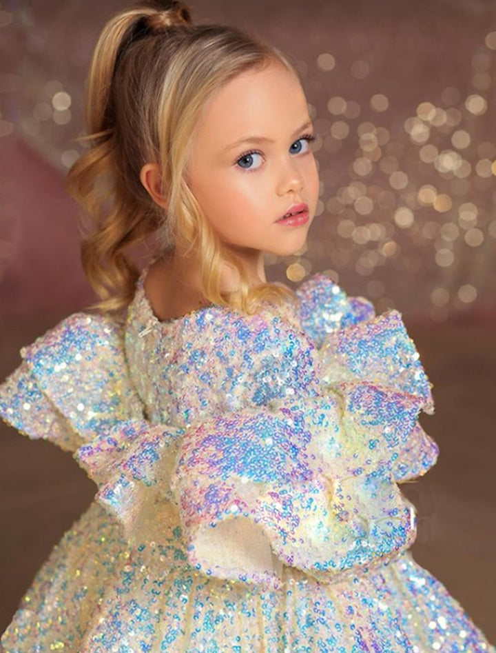 Robe de bal princesse manches longues paillettes petites robes de fille avec volants