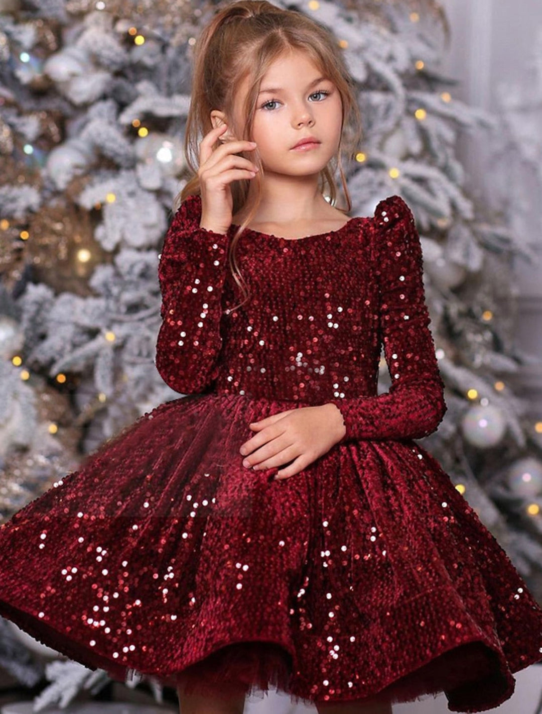 Robe de bal Princesse Manches Longues Paillettes Robes de Petite Fille