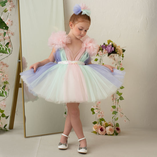 Robe de bal arc-en-ciel en tulle pour petites filles, robes à volants