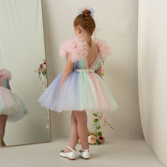 Robe de bal arc-en-ciel en tulle pour petites filles, robes à volants