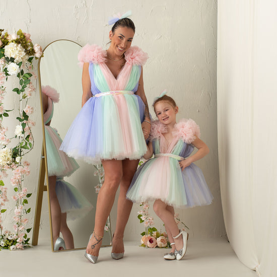 Robe de bal arc-en-ciel en tulle pour petites filles, robes à volants