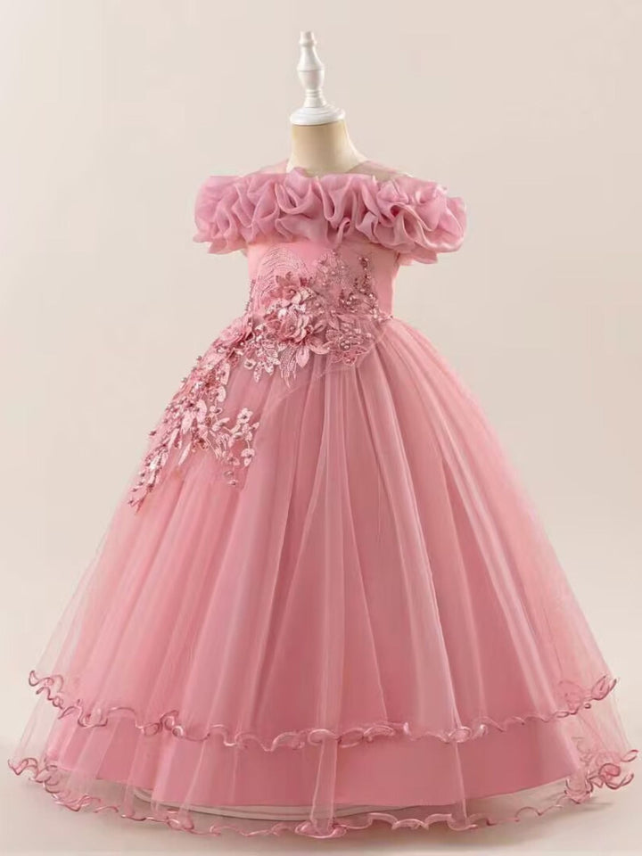 Robe de Bal à Épaules Dénudées Sans Manches pour Demoiselle D'Honneur avec Appliques et Broderies