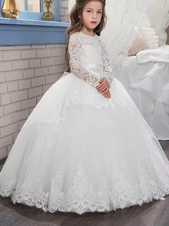 Robe de Bal à Encolure Dégagée et Manches Longues pour Demoiselle D'Honneur avec Appliques en Dentelle et Nœud