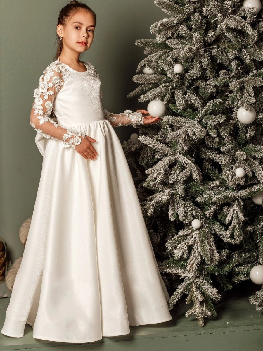 Robes de Demoiselle D'Honneur A-Line/Princess à Col Rond et Manches Longues avec Appliques