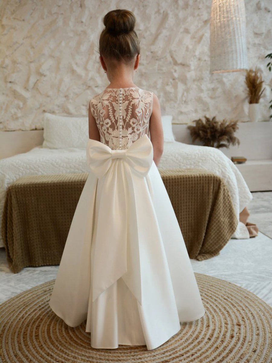 Robe de Demoiselle D'Honneur A-Line/Princess à Col Rond Sans Manches avec Appliques et Perles et Nœud