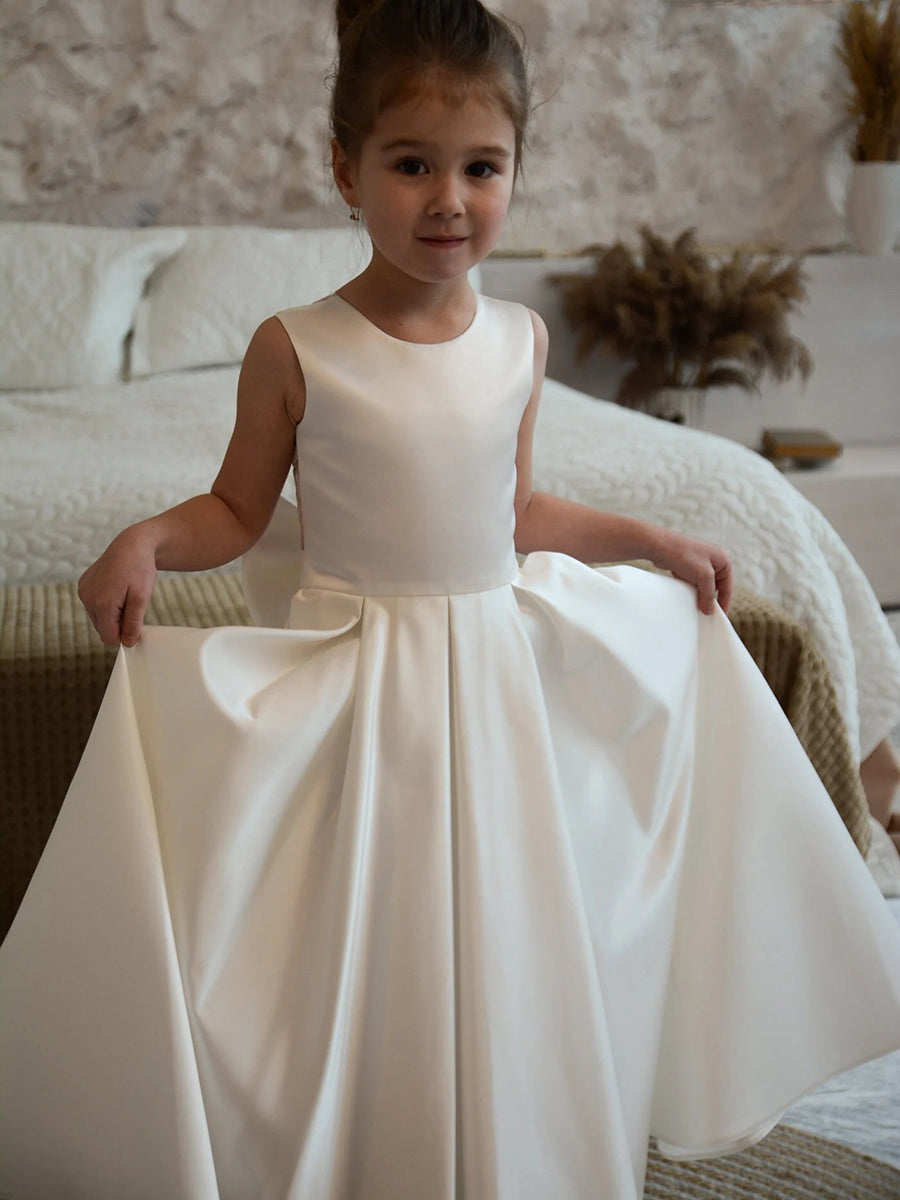 Robe de Demoiselle D'Honneur A-Line/Princess à Col Rond Sans Manches avec Appliques et Perles et Nœud