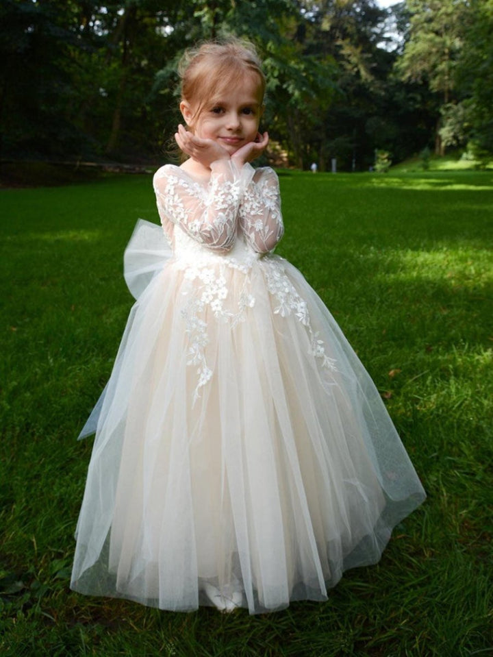 Robe de Bal à Col Rond et Manches Longues pour Demoiselle D'Honneur avec Appliques