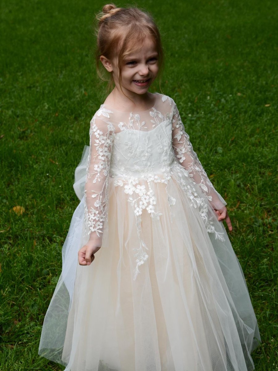 Robe de Bal à Col Rond et Manches Longues pour Demoiselle D'Honneur avec Appliques